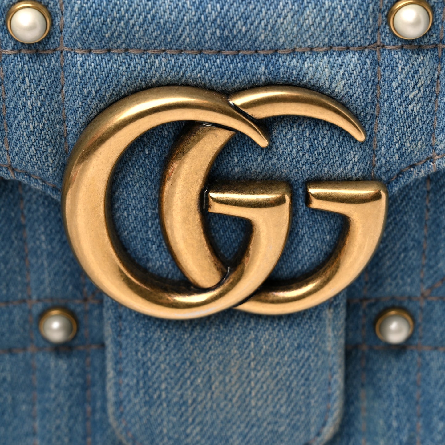 Denim Matelasse Pearl Studded Small GG Marmont Shoulder Bag Blue
