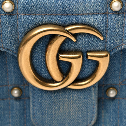 Gucci Denim Matelasse Pearl Studded Small GG Marmont Shoulder Bag Blue 15 of 16