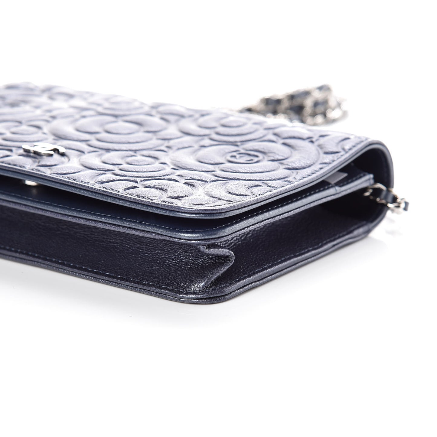 Goatskin Camellia Embossed Wallet On Chain WOC Dark Blue