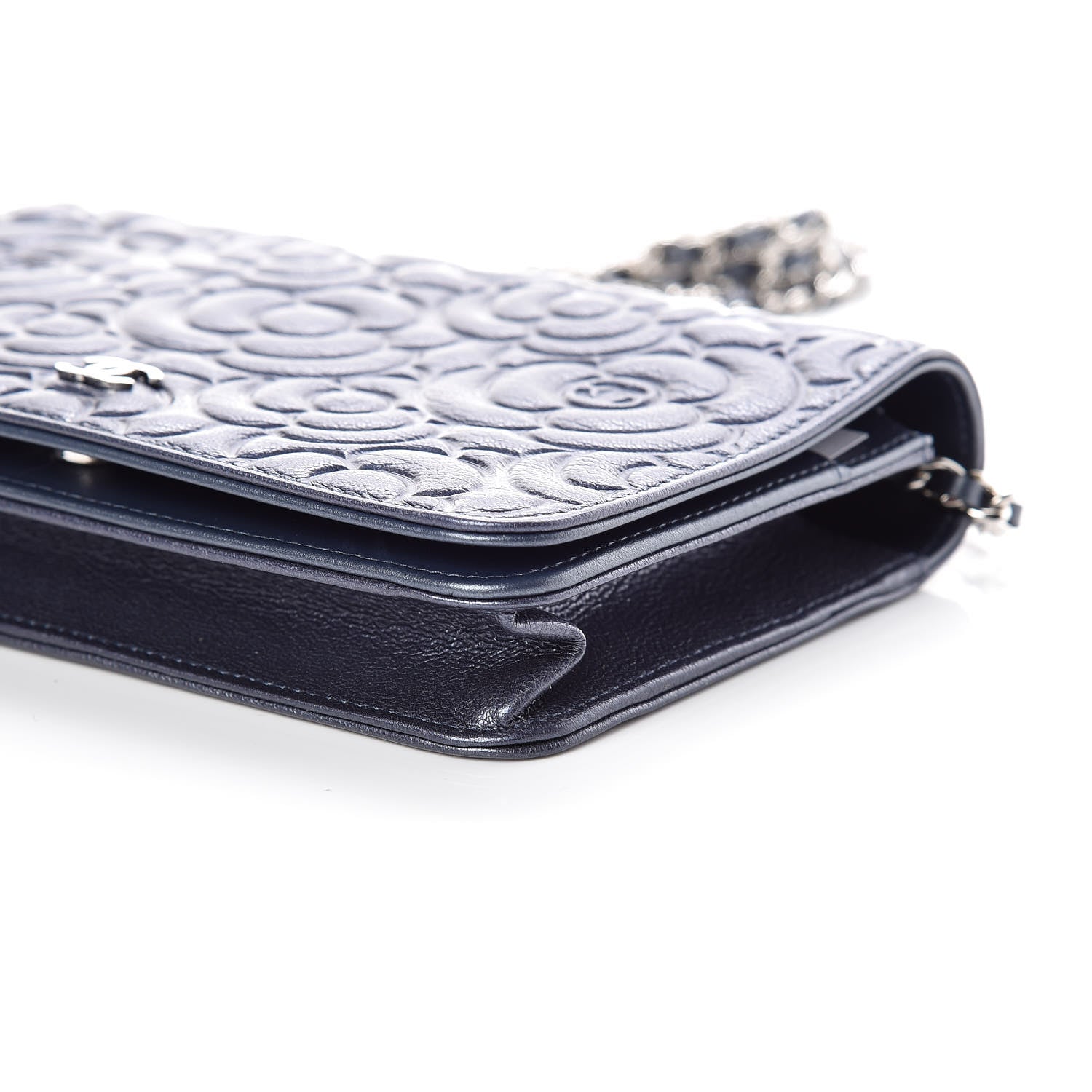 Chanel Goatskin Camellia Embossed Wallet On Chain WOC Dark Blue 6 of 10