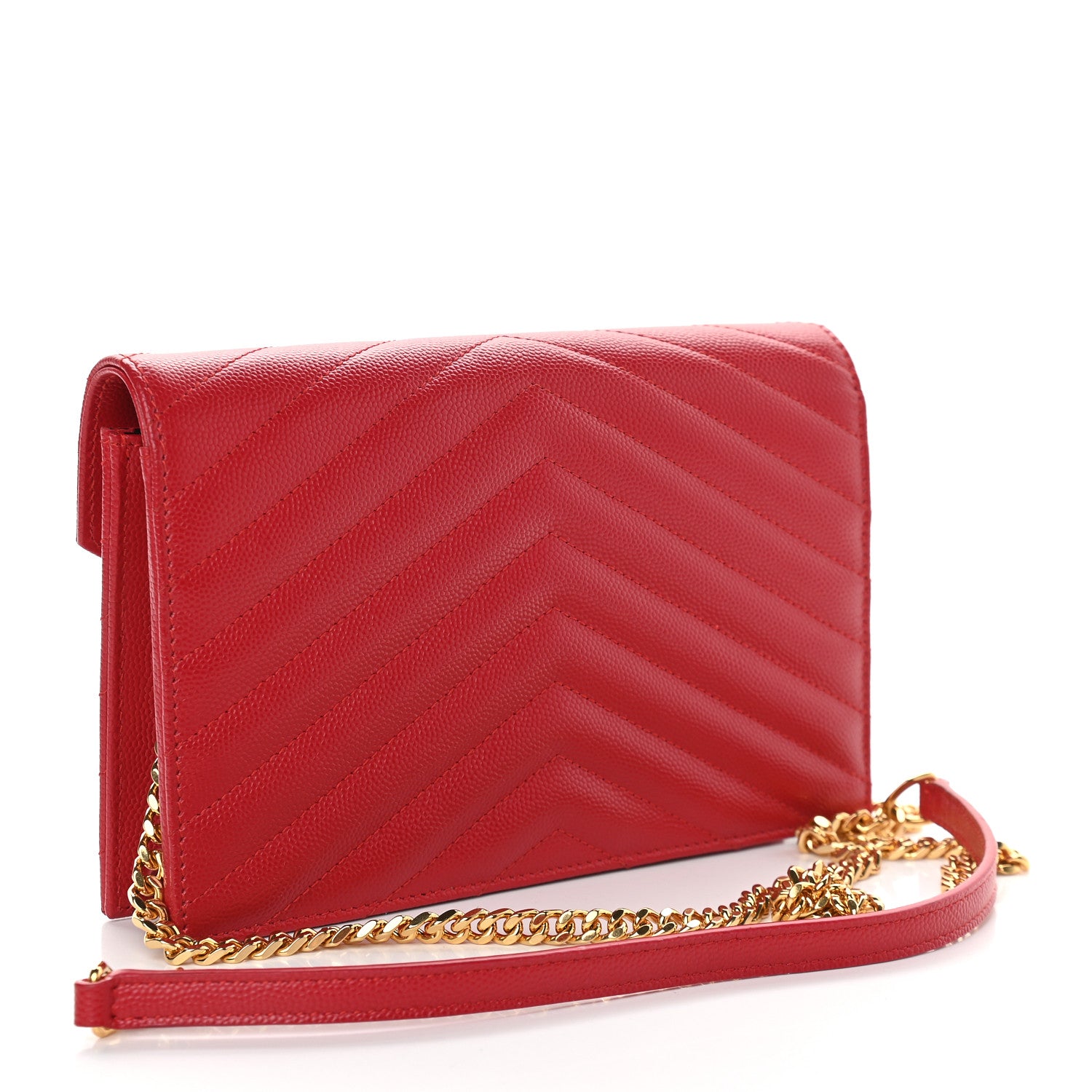 Saint Laurent Grain De Poudre Matelasse Chevron Monogram Envelope Chain Wallet New Red 2 of 8