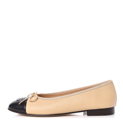 Chanel Lambskin Cap Toe CC Ballerina Flats 37 Beige Black 1 of 16