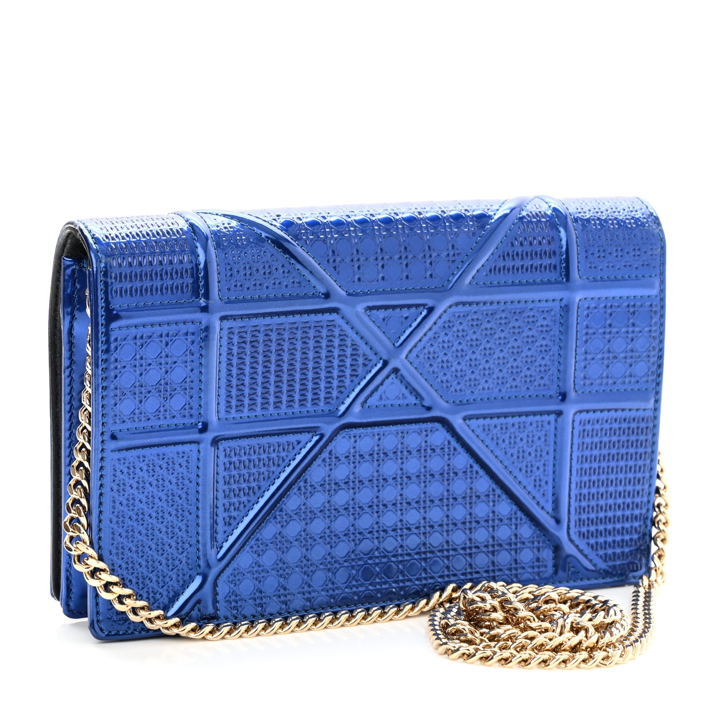 Metallic Patent Micro-Cannage Diorama Wallet on Chain Pouch Mirror Blue