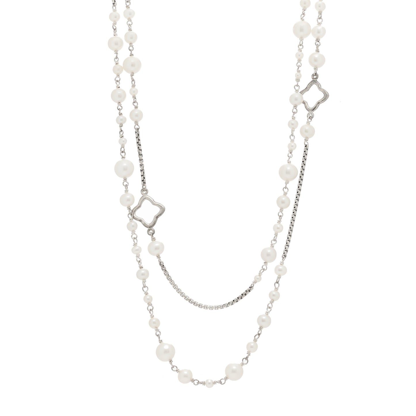 Sterling Silver Cultured Pearl Quatrefoil Long Chain Necklace