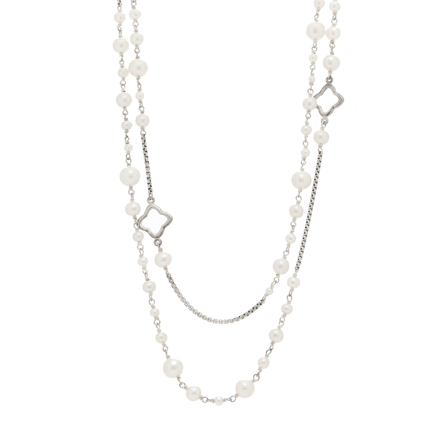David Yurman Sterling Silver Cultured Pearl Quatrefoil Long Chain Necklace 1 of 5