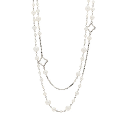 David Yurman Sterling Silver Cultured Pearl Quatrefoil Long Chain Necklace 1 of 5