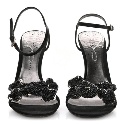 Prada Satin Beaded Embroidered Flower Sandals 38 Black 3 of 9
