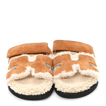 Hermes Suede Goatskin Woolskin Womens Chypre Sandals 36.5 Naturel Ecru 3 of 9
