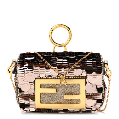 Fendi Sequin Paillettes Shiny Nappa Sex and the City Nano Maxi Buckle Baguette Charm Tortora 1 of 10