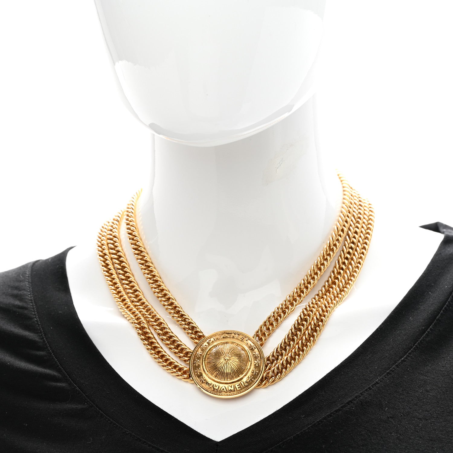 Chanel Chain Link Logo Medallion Triple Strand Choker Necklace Gold 2 of 6