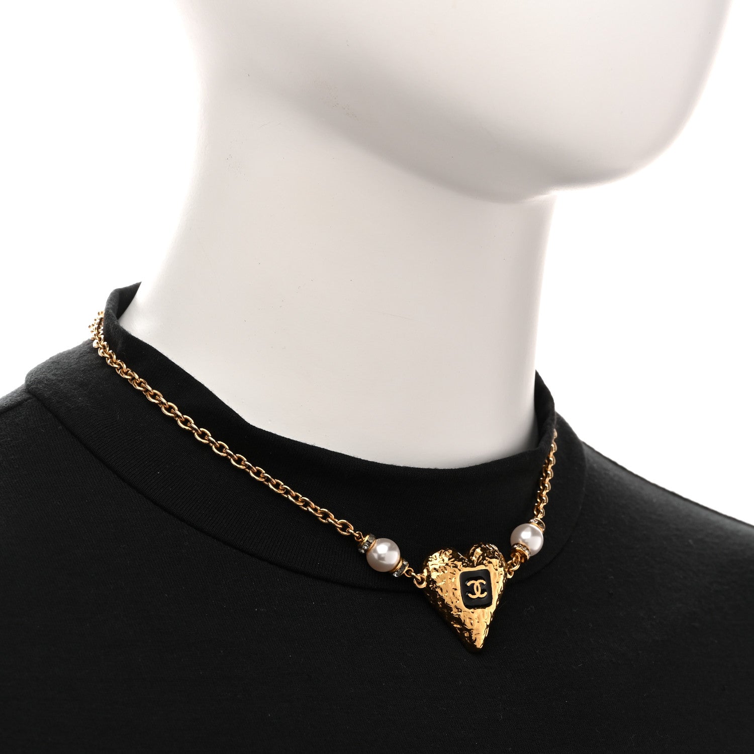 Chanel Resin Crystal Pearl Chain Heart CC Pendant Choker Necklace Black White Gold 2 of 5