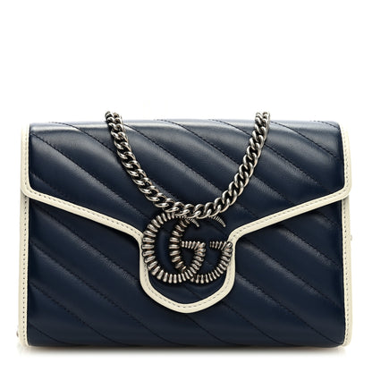 Gucci Vintage Effect Calfskin Matelasse Diagonal Torchon GG Marmont Chain Wallet Blue Agata Mystic White 1 of 9