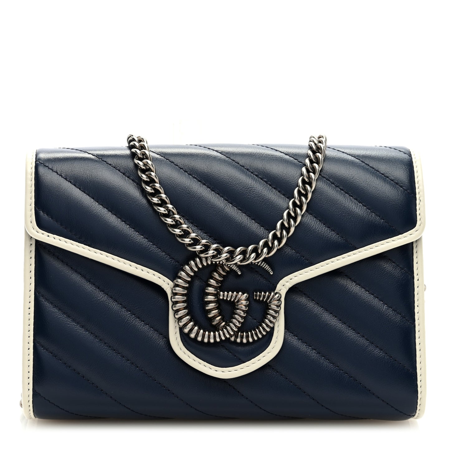 Vintage Effect Calfskin Matelasse Diagonal Torchon GG Marmont Chain Wallet Blue Agata Mystic White