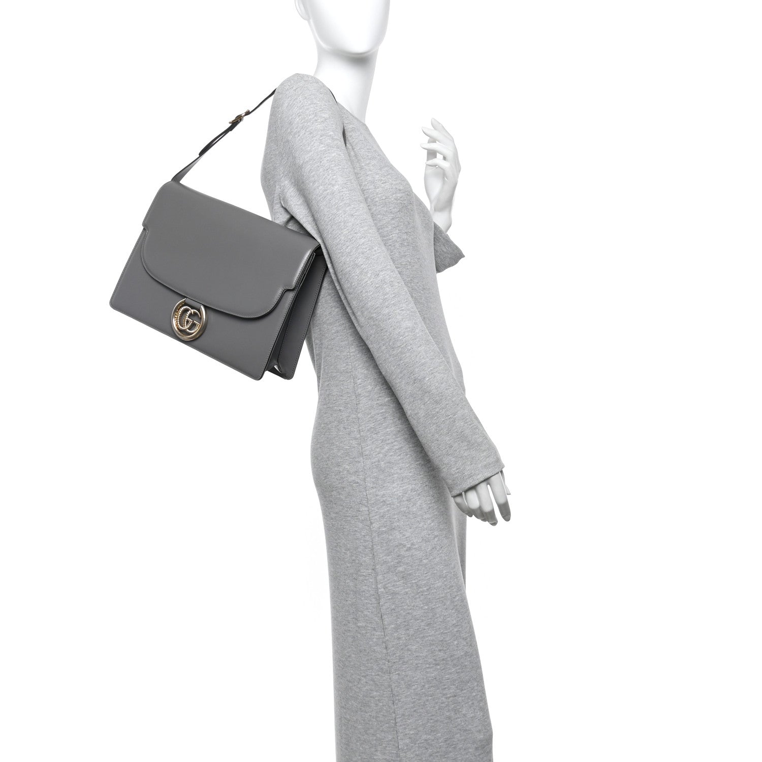 Gucci Textured Calfskin Medium Torchon GG Ring Shoulder Bag Grey 2 of 10