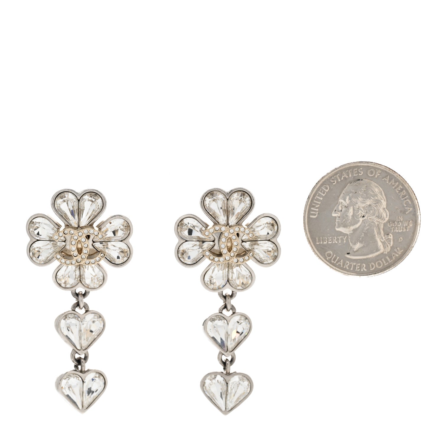 Chanel Crystal CC Clover Heart Drop Earrings Silver Gold 2 of 5