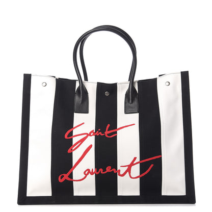 Saint Laurent Canvas Noe Striped Tote Black White 1 of 8