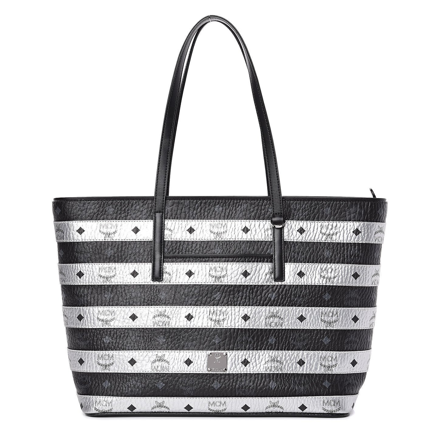 Metallic Visetos Striped Medium Anya Shopper Tote Black Silver