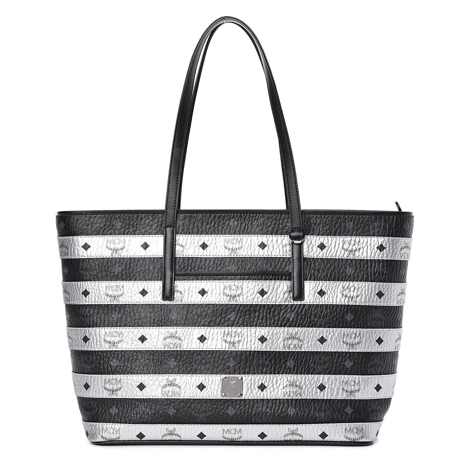MCM Metallic Visetos Striped Medium Anya Shopper Tote Black Silver 1 of 10