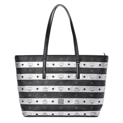 MCM Metallic Visetos Striped Medium Anya Shopper Tote Black Silver 1 of 10