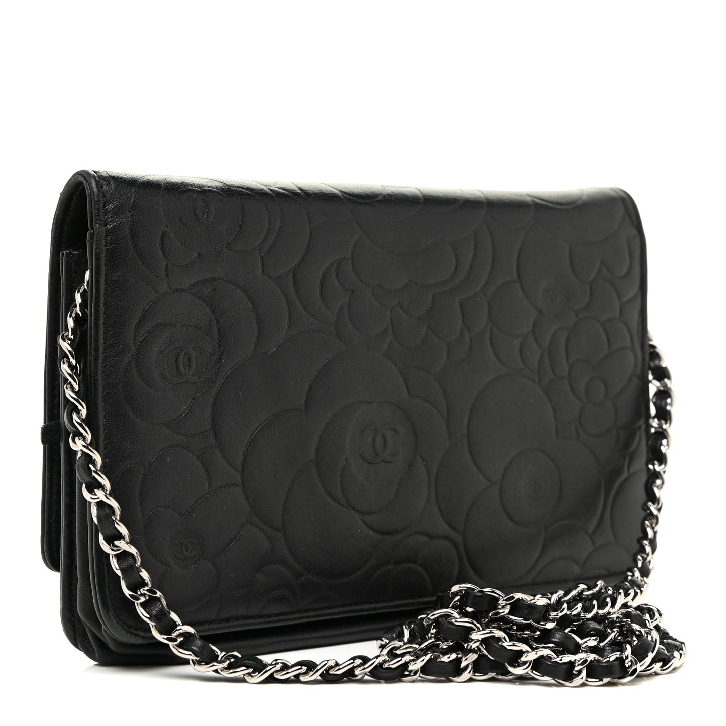Lambskin Camellia Embossed Wallet on Chain WOC Black