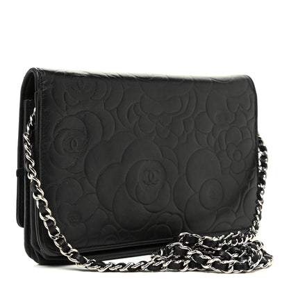 Chanel Lambskin Camellia Embossed Wallet on Chain WOC Black 3 of 17
