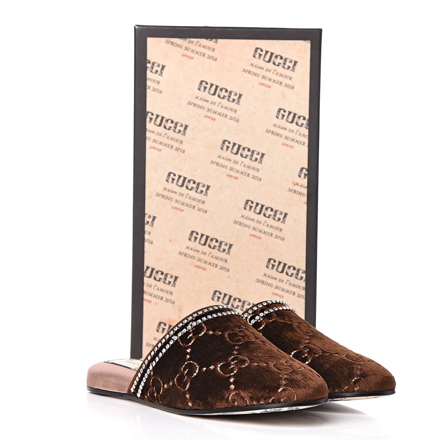 Velvet GG Monogram Crystal Womens Slippers 38.5 Brown Vintage Cocoa