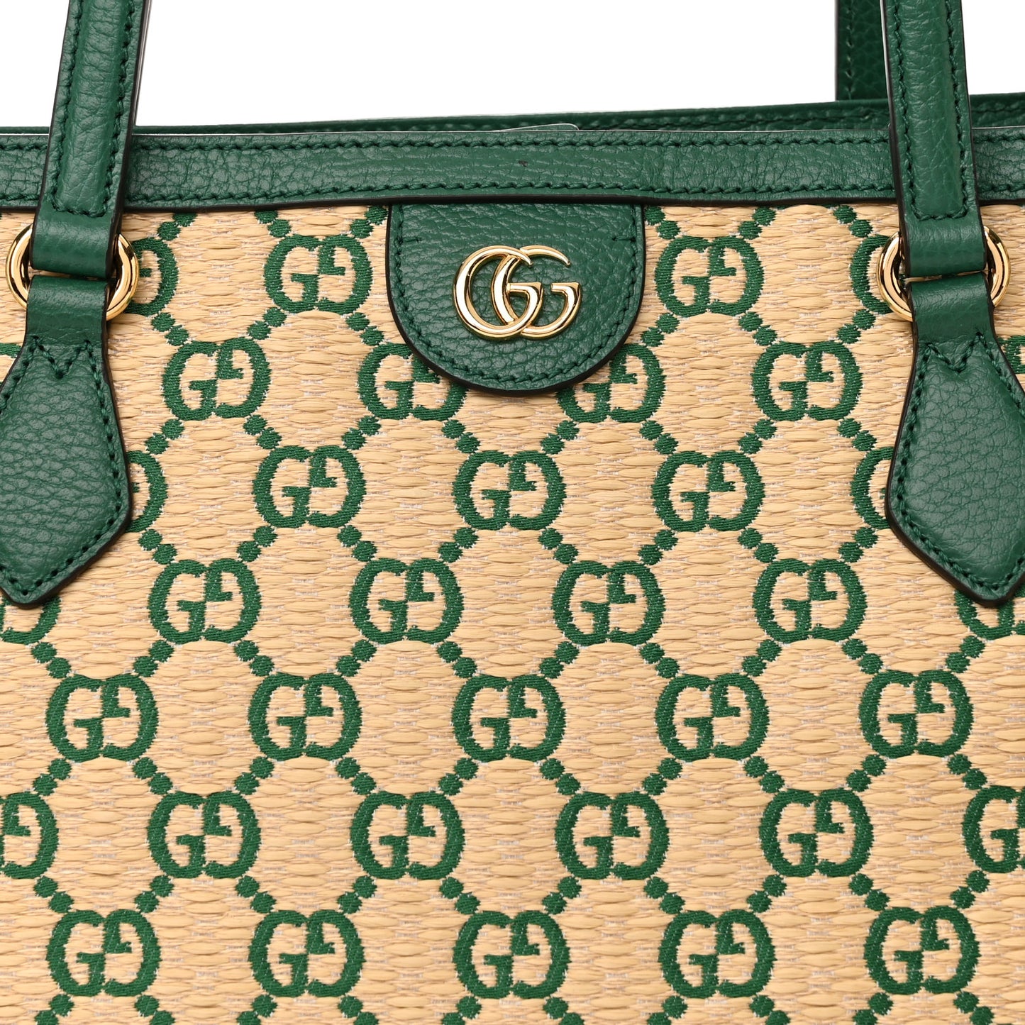 Straw Jacquard Dollar Calfskin GG Monogram Medium Ophidia Shopping Tote Natural Emerald