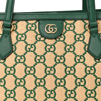 Gucci Straw Jacquard Dollar Calfskin GG Monogram Medium Ophidia Shopping Tote Natural Emerald 8 of 10