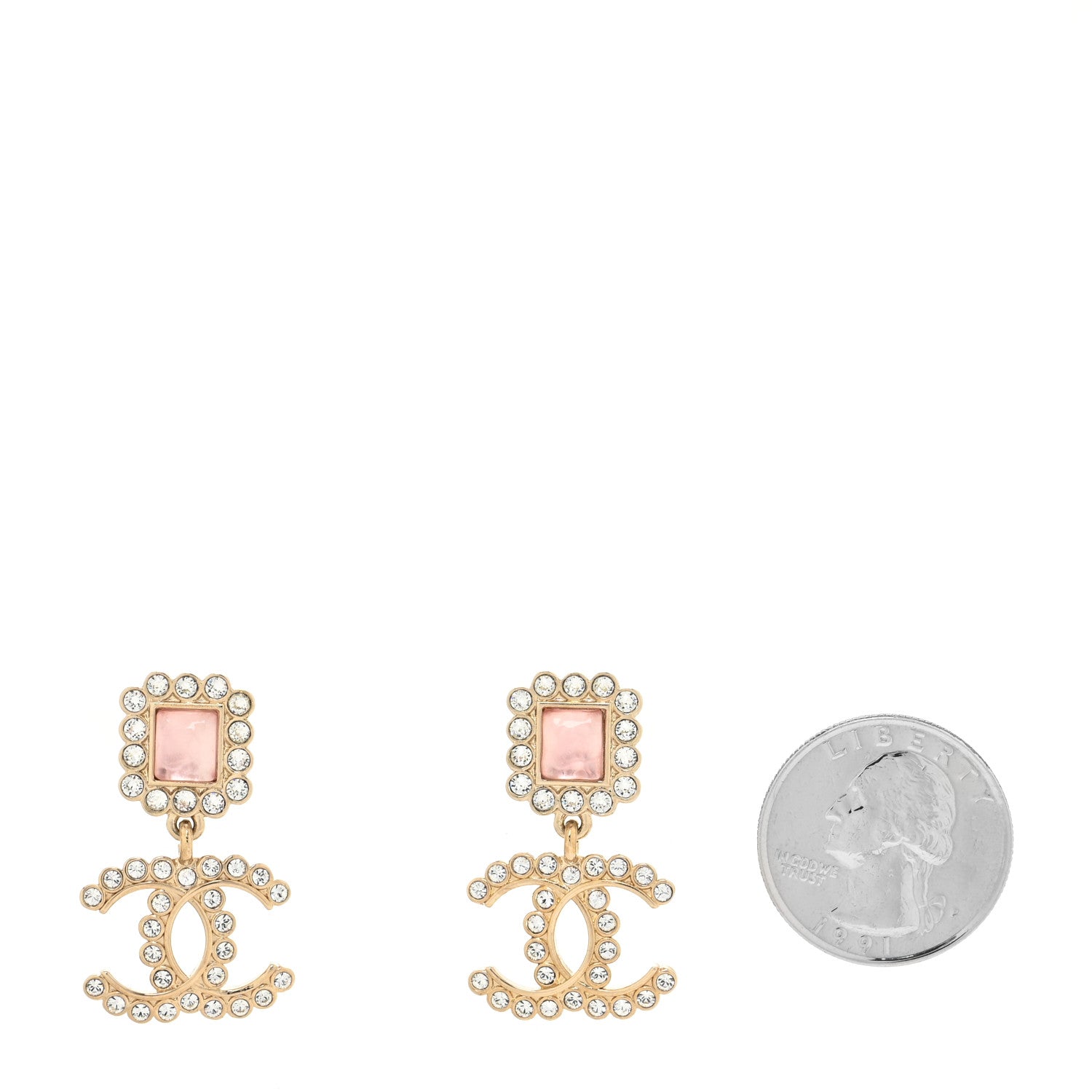 Chanel Metal Square Crystal Pearl CC Drop Earrings Pink Gold 2 of 4