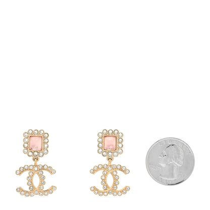 Chanel Metal Square Crystal Pearl CC Drop Earrings Pink Gold 2 of 4