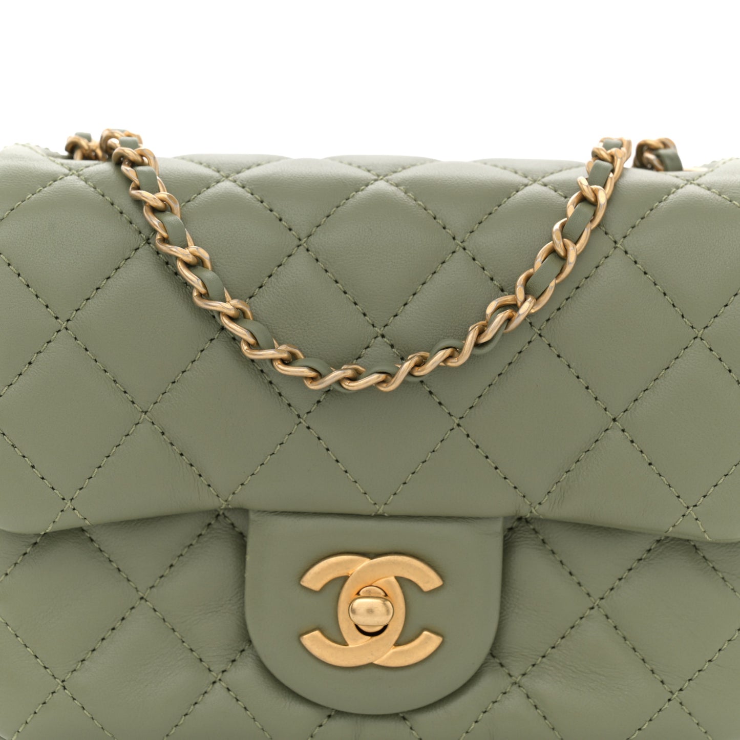 Lambskin Quilted Mini Pearl Crush Flap Green