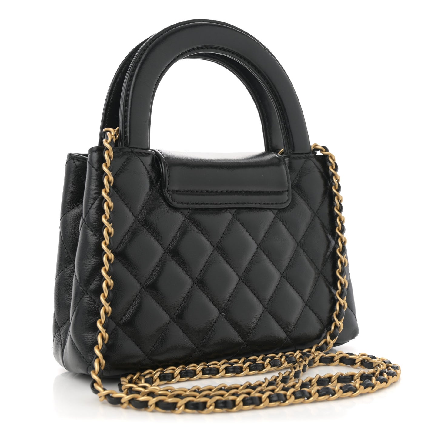 Shiny Aged Calfskin Quilted Nano Kelly Shopper Black