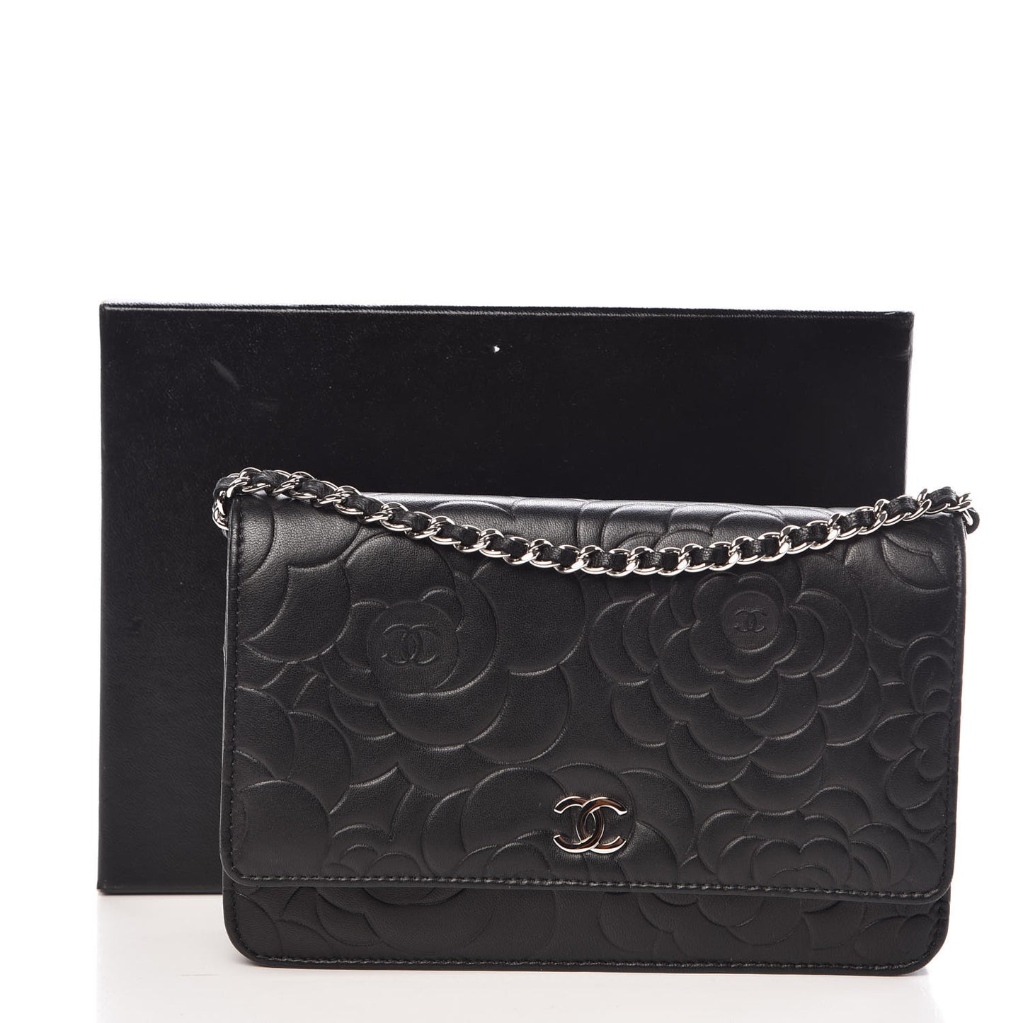 Lambskin Camellia Embossed Wallet On Chain WOC Black