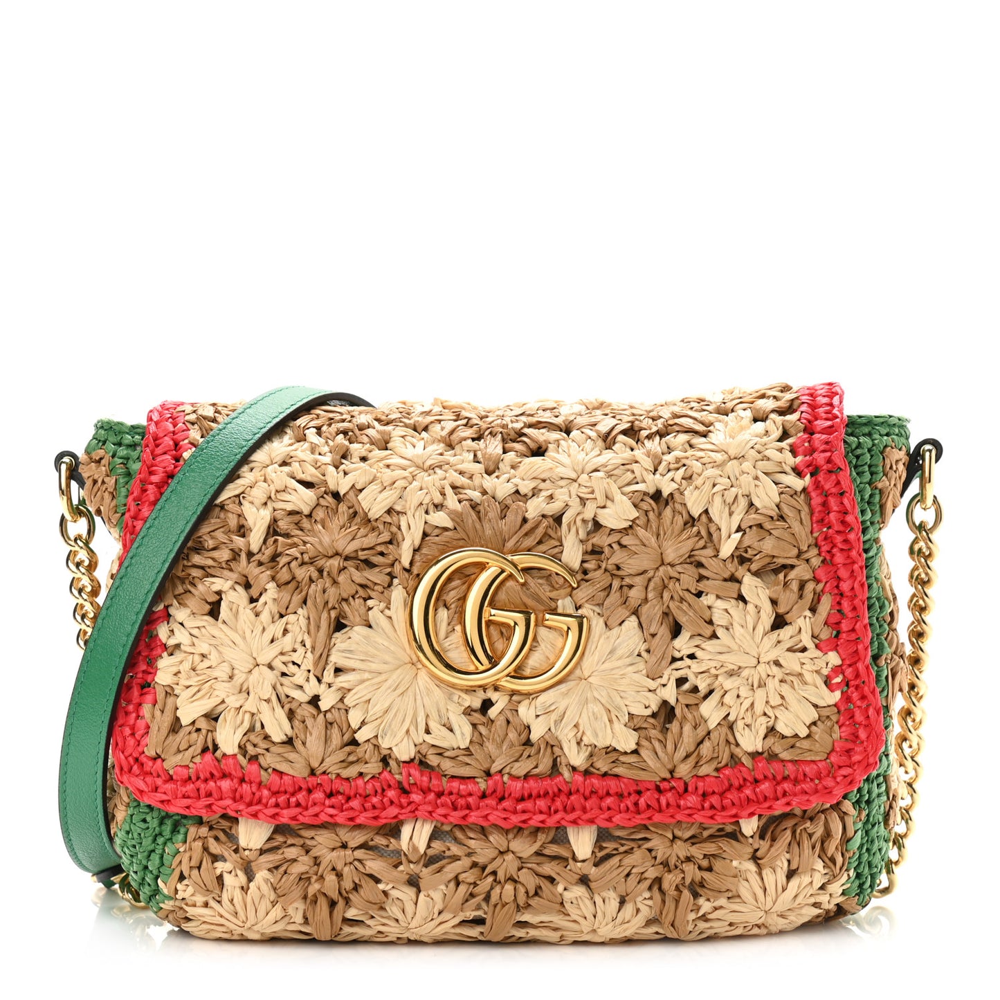 Raffia Azalea Calfskin Crochet Flower Small GG Marmont Shoulder Bag Natural Ecru Green Red New Shamarock