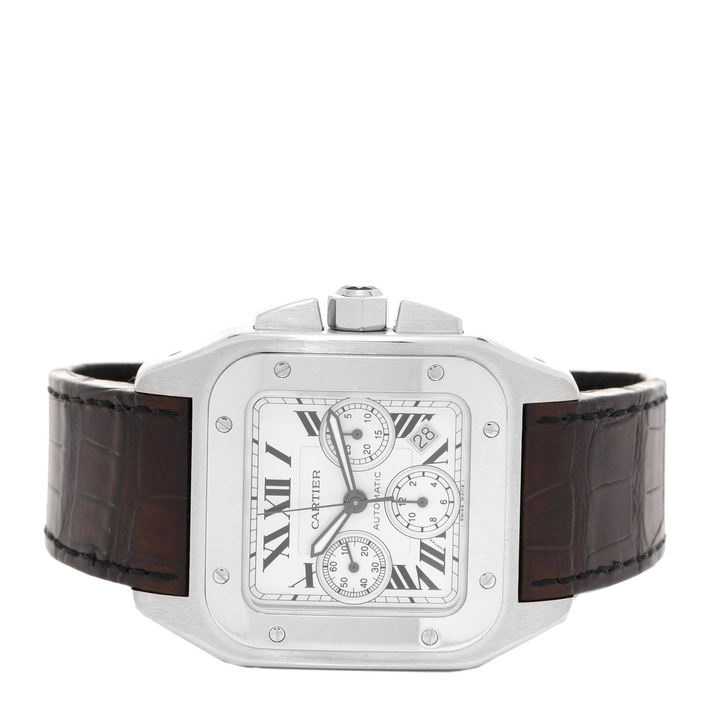 Stainless Steel Alligator 41mm Santos 100 Chronograph Automatic Watch Brown