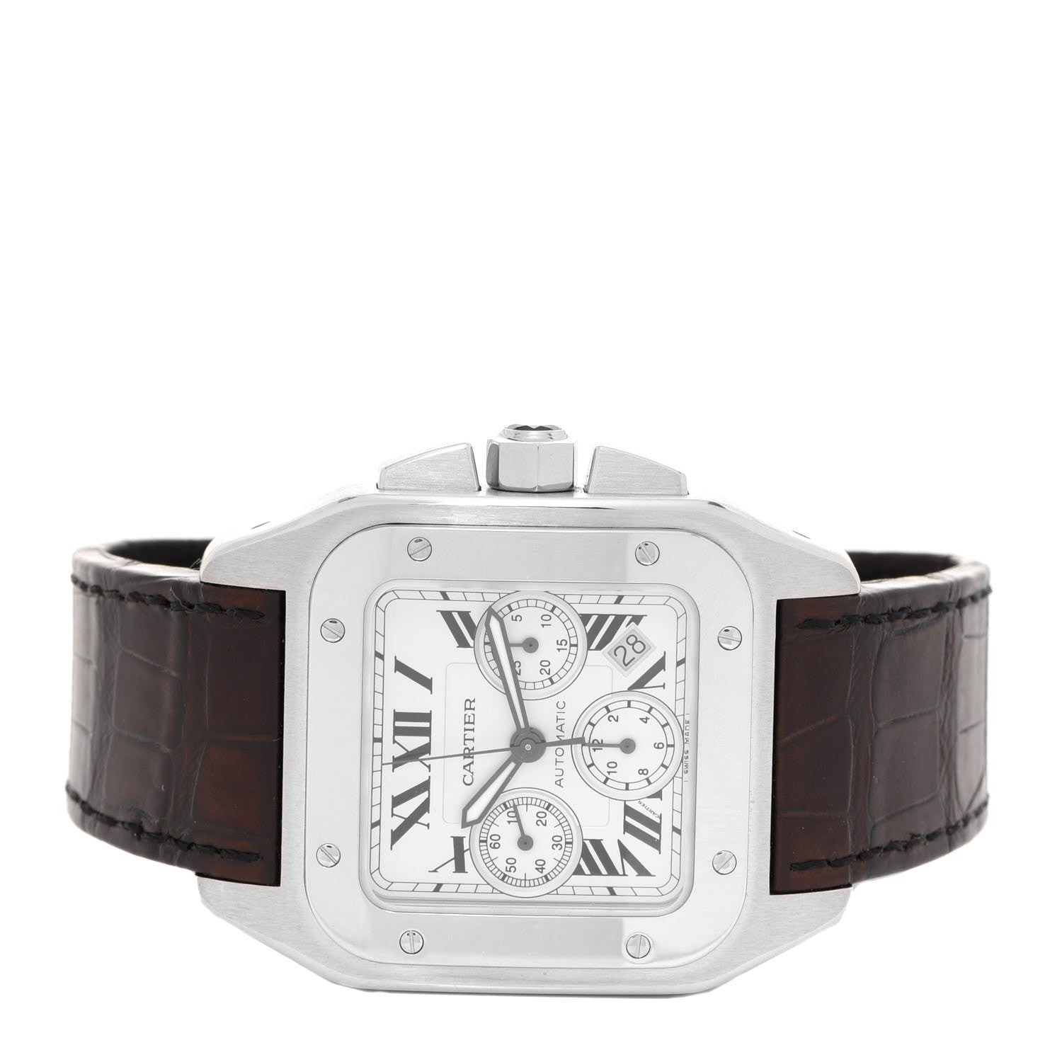 Cartier Stainless Steel Alligator 41mm Santos 100 Chronograph Automatic Watch Brown 2 of 5