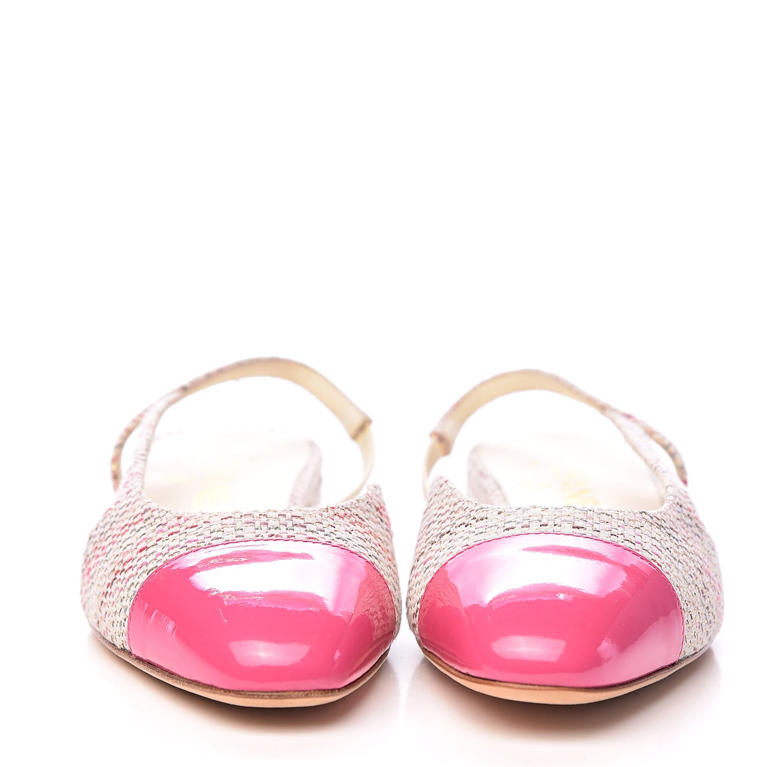 Chanel Tweed Patent Cap Toe CC Slingback Flat 36.5 Pink White 2 of 12