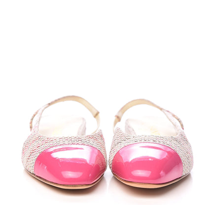 Chanel Tweed Patent Cap Toe CC Slingback Flat 36.5 Pink White 2 of 12