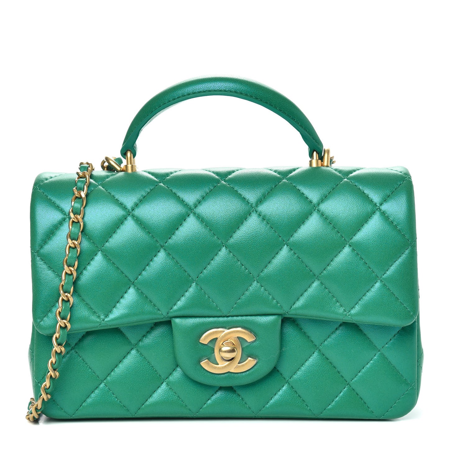 Iridescent Lambskin Quilted Mini Top Handle Rectangular Flap Green