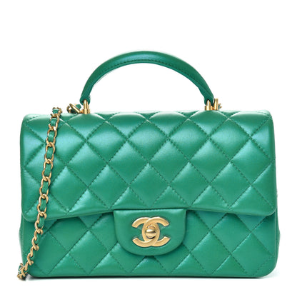 Chanel Iridescent Lambskin Quilted Mini Top Handle Rectangular Flap Green 1 of 11