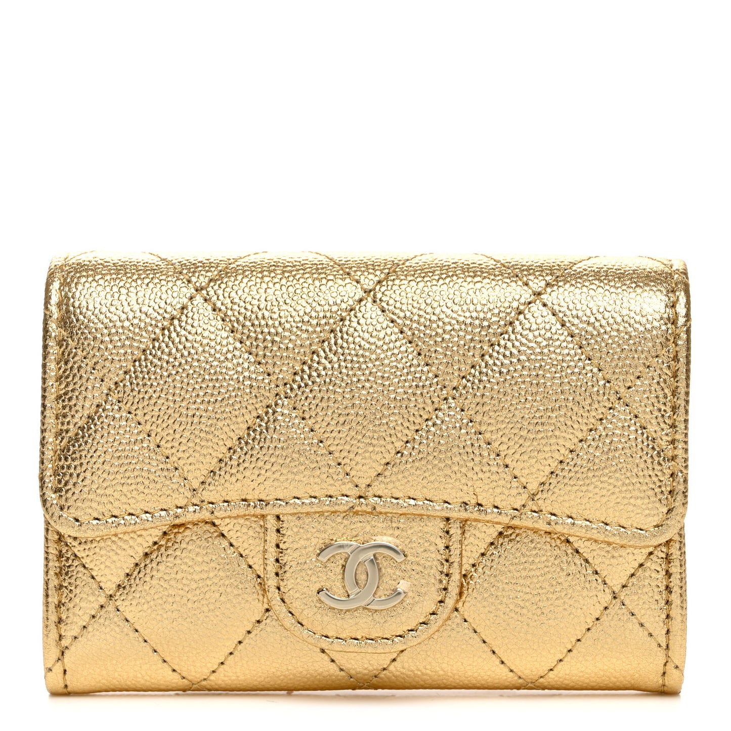 Metallic Caviar Quilted Flap Card Holder Wallet Gold