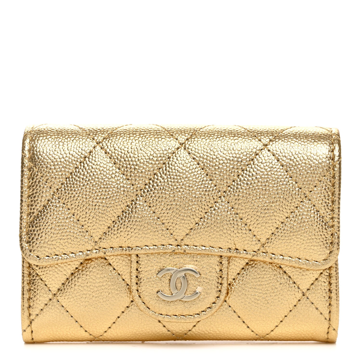 Chanel Metallic Caviar Quilted Flap Card Holder Wallet Gold 1 of 9