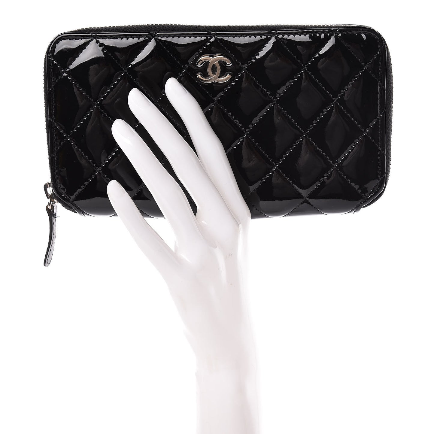 Patent Quilted Zip Around Wallet Black