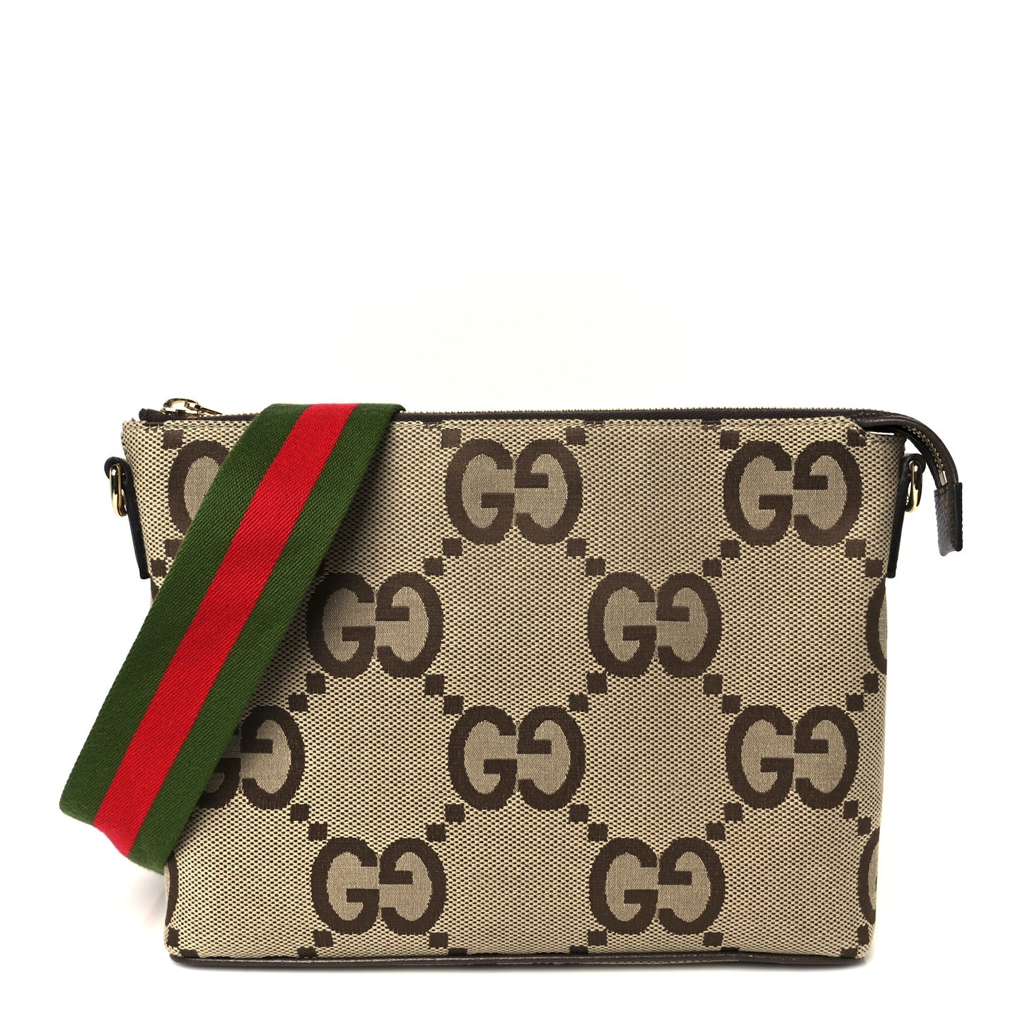 Monogram Jumbo GG Textured Dollar Calfskin Web Wristlet Messenger Bag Camel Ebony New Acero