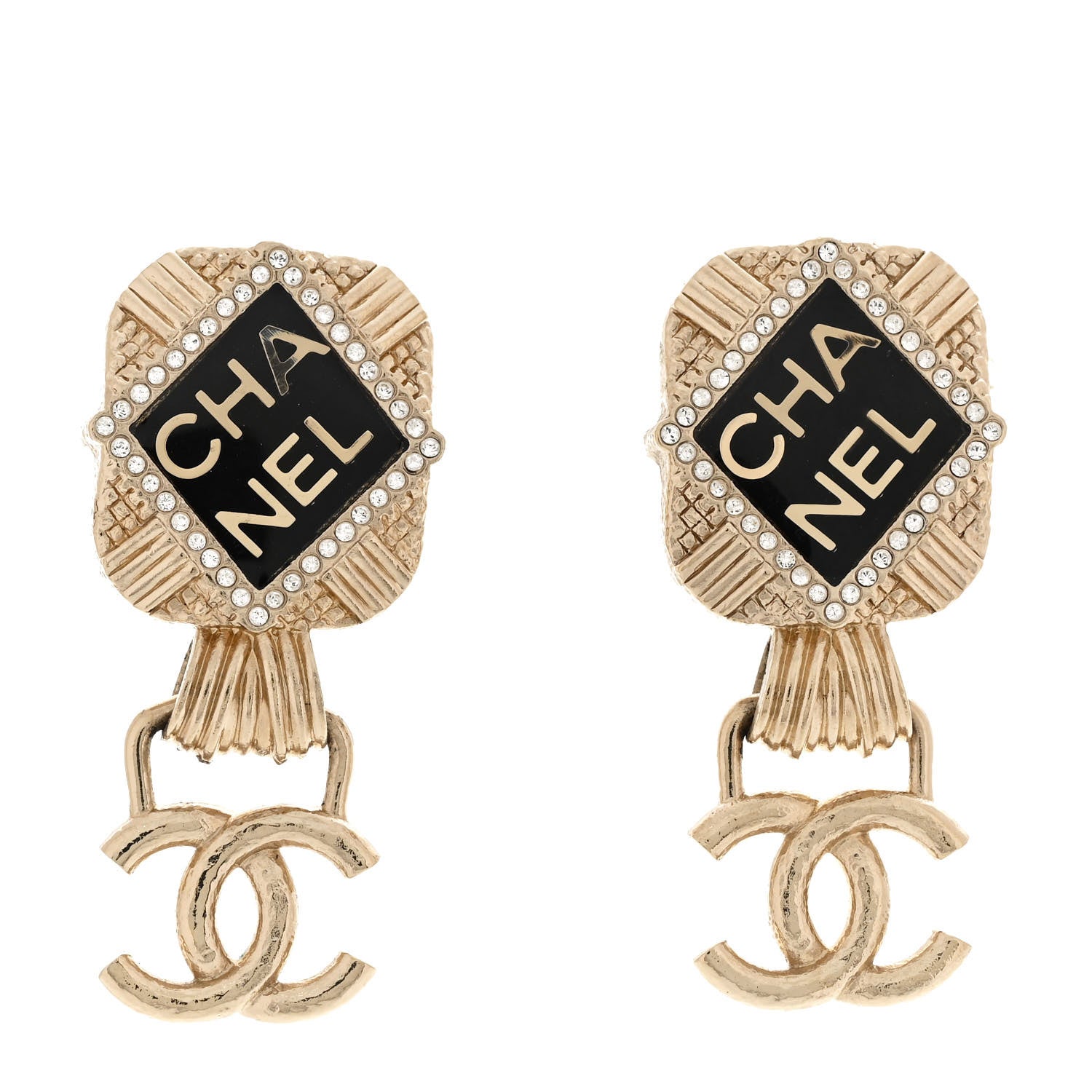 Chanel Resin Crystal Quilted CC Drop Earrings Black Gold 1 of 5