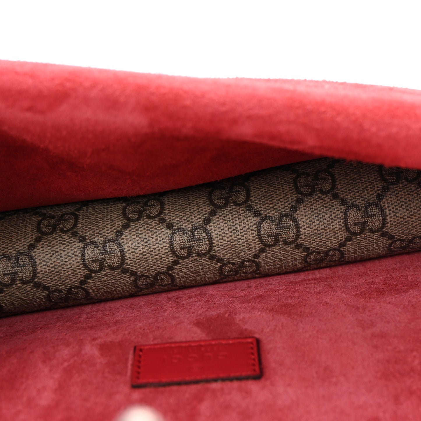 GG Supreme Monogram Suede Crystal Small Dionysus Shoulder Bag Beige Ebony Vulcanic Red