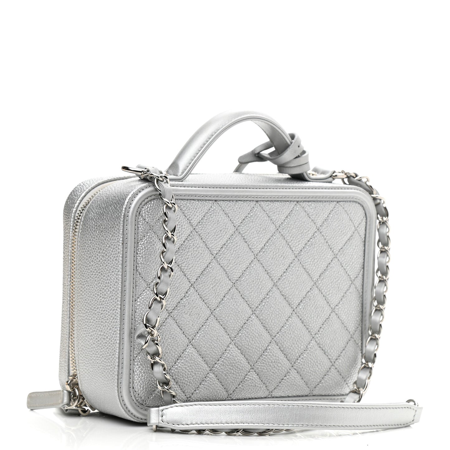 Metallic Caviar Quilted Medium CC Filigree Vanity Case Silver