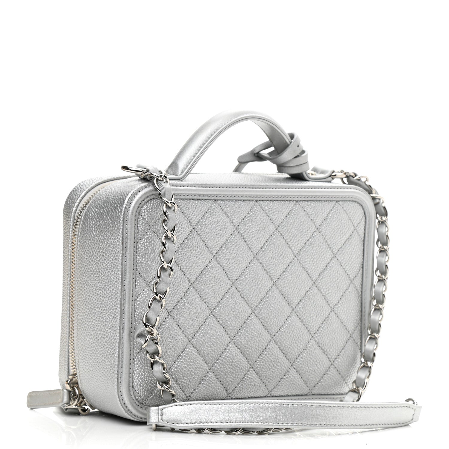 Chanel Metallic Caviar Quilted Medium CC Filigree Vanity Case Silver 3 of 9