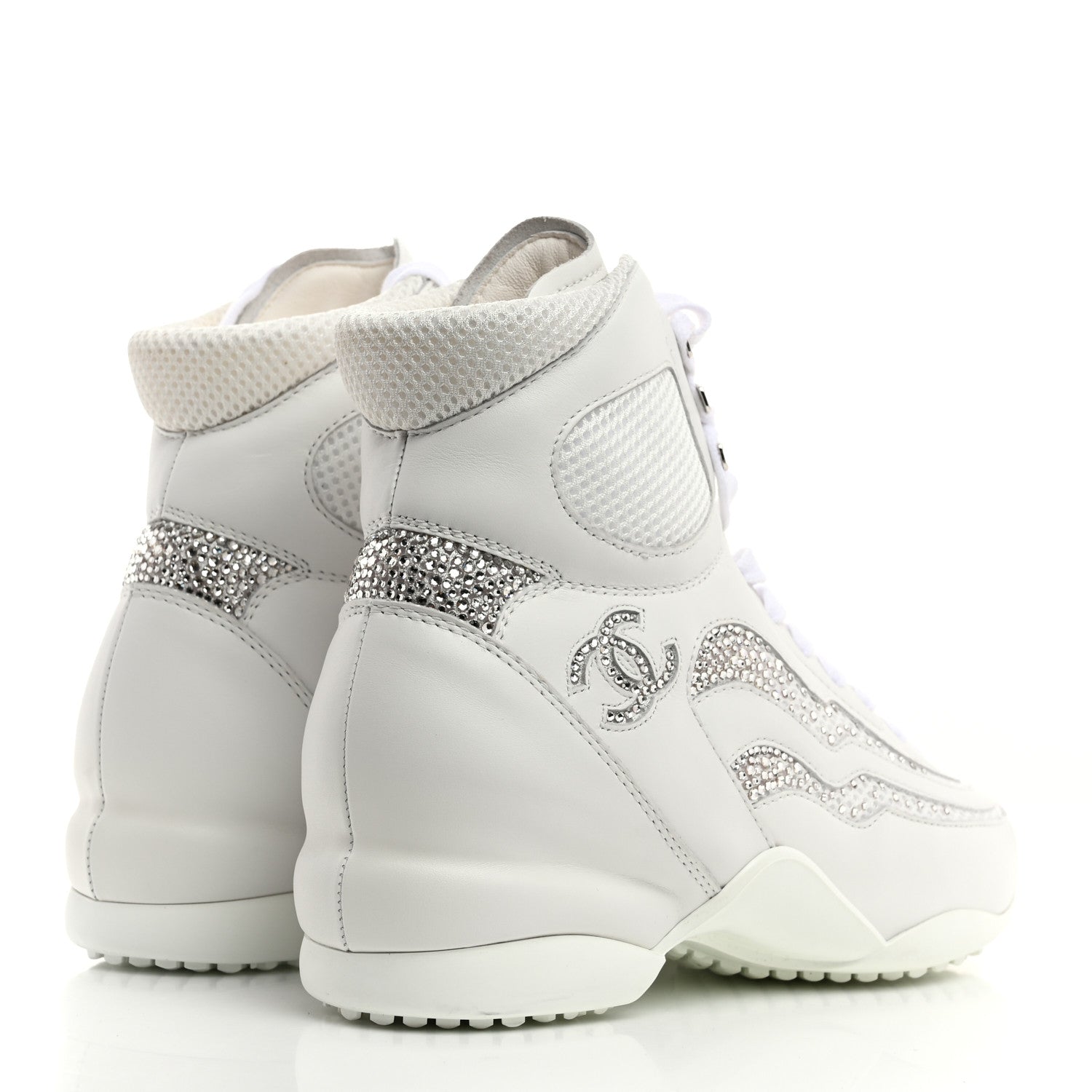 Chanel Calfskin Fabric Mesh Strass Womens CC Sneakers 39 White Silver 3 of 8