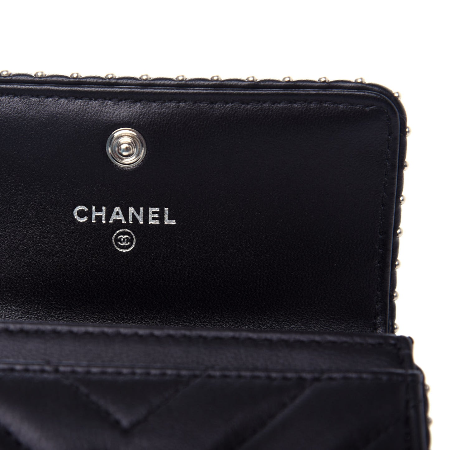 Lambskin Chevron Quilted Studded Card Holder Black